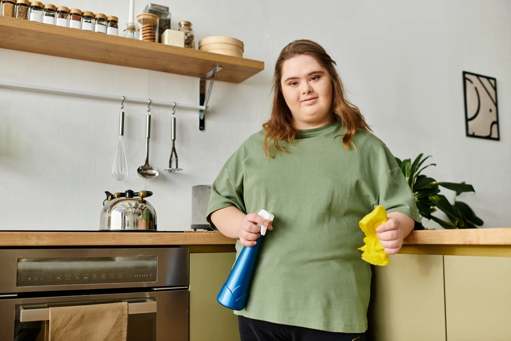 a woman with downsyndrome cleaning kitchen